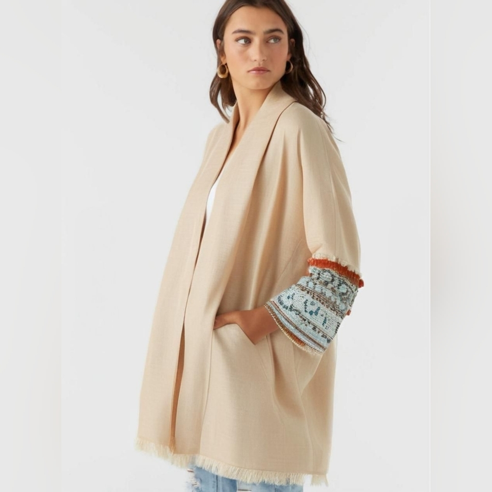 Zara Ivory Beige Kimono With Aztec Fringe Sleeves